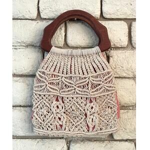 Boho Cream Woven Purse with Sculpted Wood Handles Peach Canvas Lining
